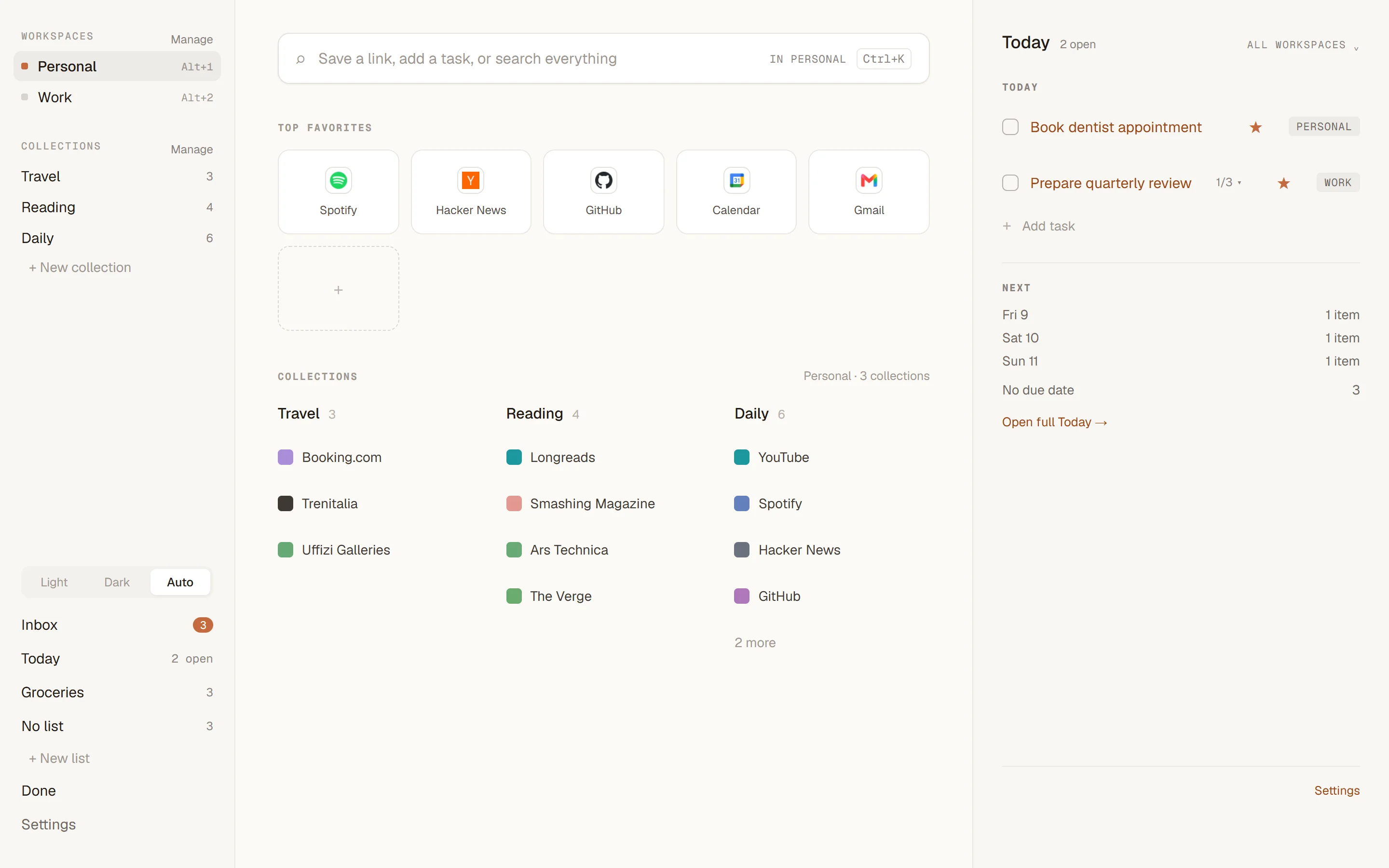 Orbit home page with favorite sites, collections of bookmarks and today's tasks