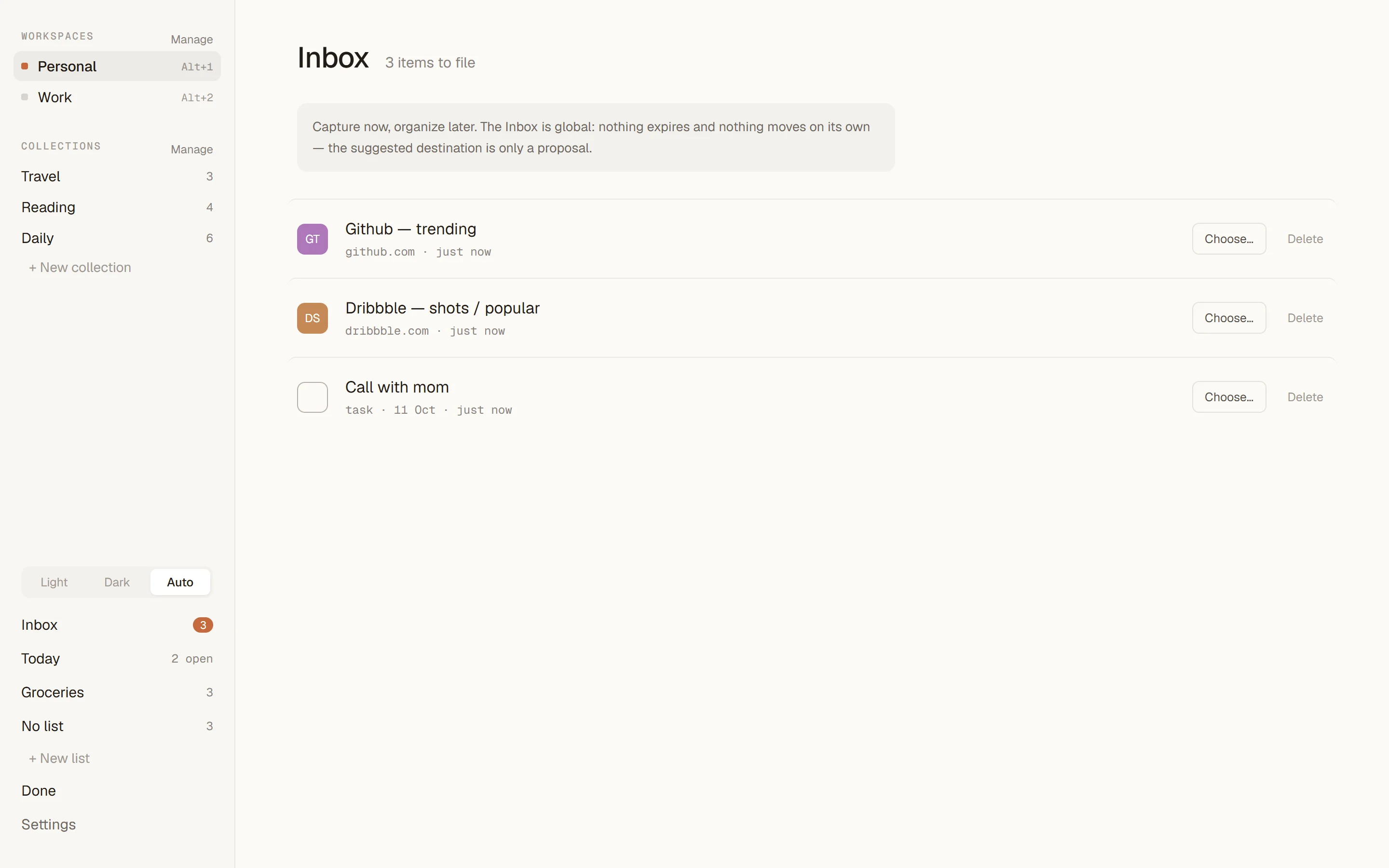 Inbox with captured links and tasks waiting to be filed