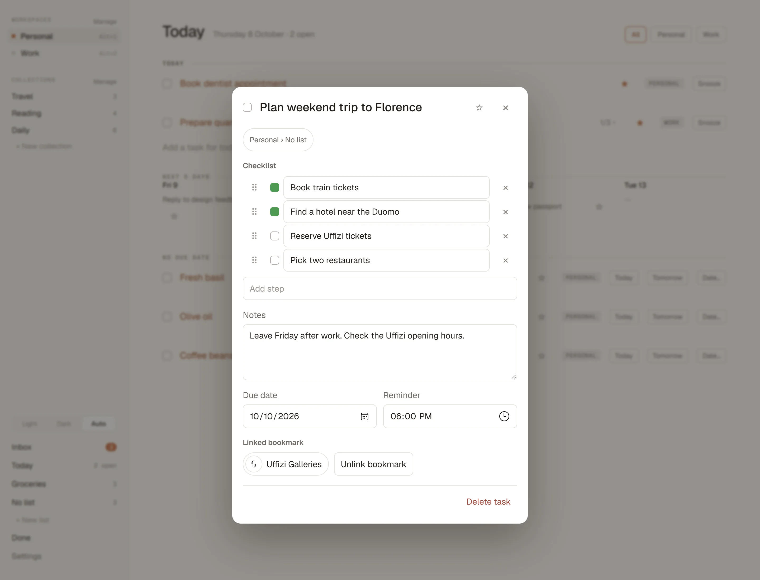 A task open with its checklist, notes, due date and reminder