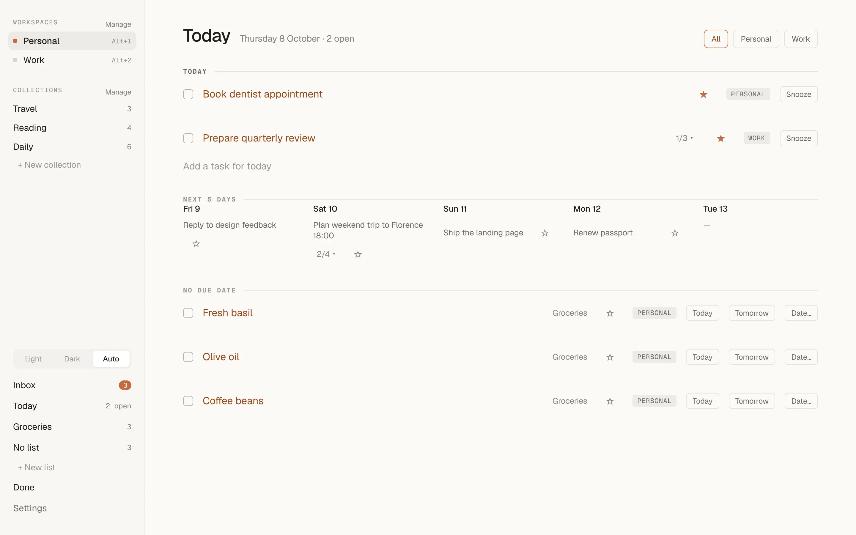 Today view with flagged tasks, the next five days and tasks without a date